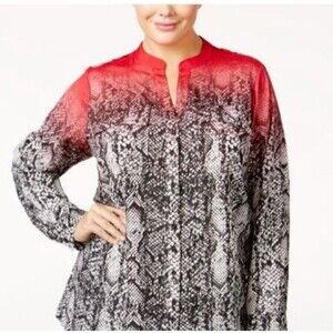 Calvin Klein sz S Ombre Crepe deChine Snake print Blouse Roll Sleeve Pockets Red